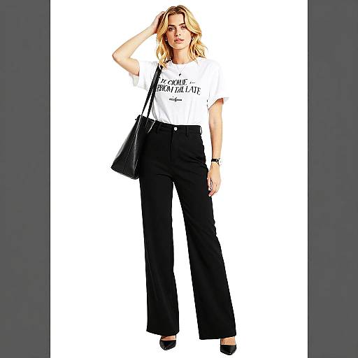 Blonde woman in graphic tee and wide-leg pants
