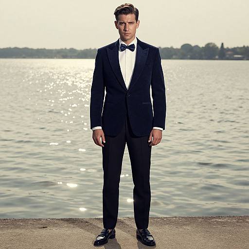 Photograph of a handsome man in a black tuxedo with a bow tie, standing on a lakeshore, water and distant trees in the