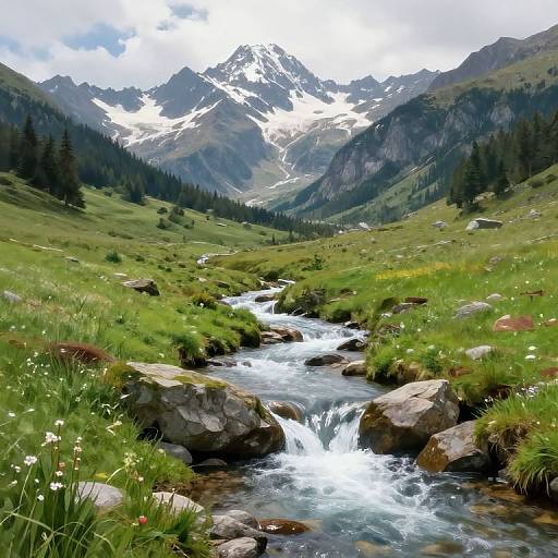 Photograph of a vibrant mountain landscape with a clear, flowing stream cascading over rocks, surrounded by lush green grass and pine trees, with snow-c