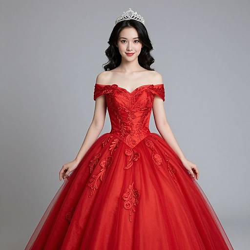 Photograph of an East Asian woman with wavy black hair, wearing an off-the-shoulder, red, lace-embellished ball gown