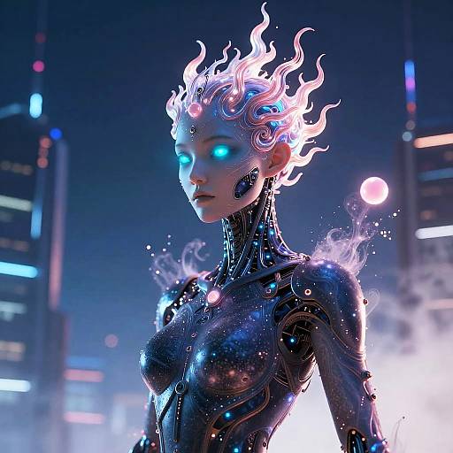Neon Cybernetic Portrait in Futuristic City