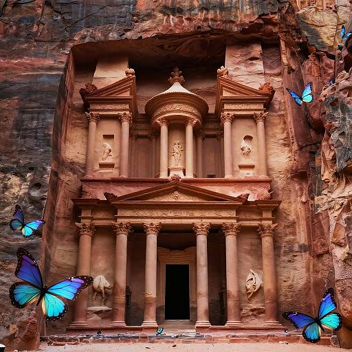 Photograph of a classical, carved stone temple with blue butterflies surrounding it, nestled in a rugged, earthy rock wall.