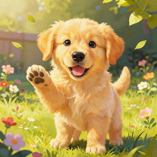Cute, fluffy golden puppy with wagging tail and raised paw, standing in sunny garden filled with colorful flowers and green grass. Digital illustration.