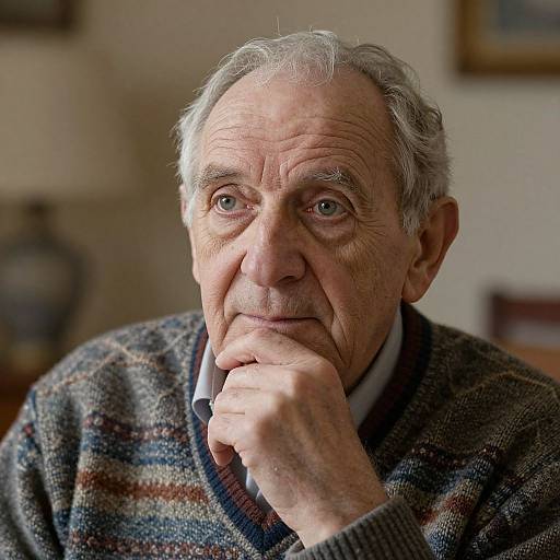 Photograph of an elderly man with white hair, blue eyes, and wrinkled skin, wearing a striped sweater, thoughtfully resting his chin on his