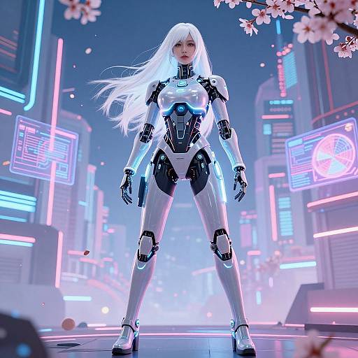 Cyberpunk anime-style digital artwork of a white-haired woman in a futuristic white and black armored suit, standing confidently in a neon-lit city street