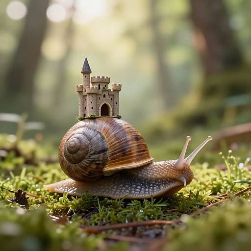 Photograph of a snail with a tiny, detailed castle on its shell, crawling on lush, green forest moss, bathed in soft sunlight.