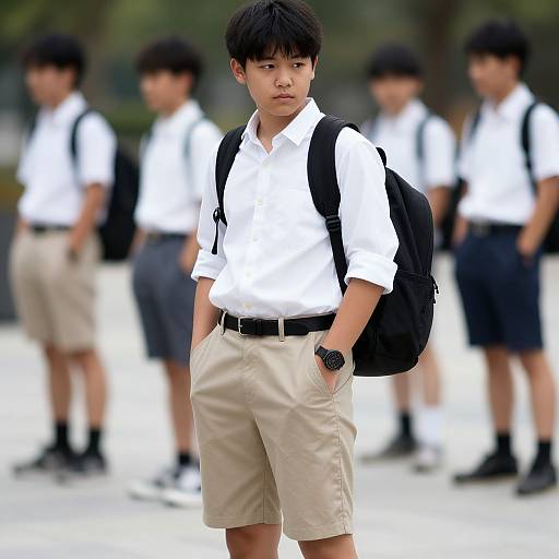 Photograph of an Asian boy in a white shirt, beige shorts, black backpack, and watch, standing in a blurred schoolyard with other similarly dressed