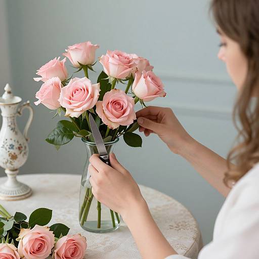 Photograph of a woman with brown hair, wearing a white shirt, trimming pink roses in a glass vase on a white table.