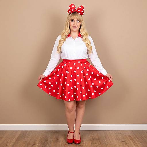 Photograph of a blonde woman with red polka dot bow, white blouse, red polka dot skirt, and red shoes, standing against a beige