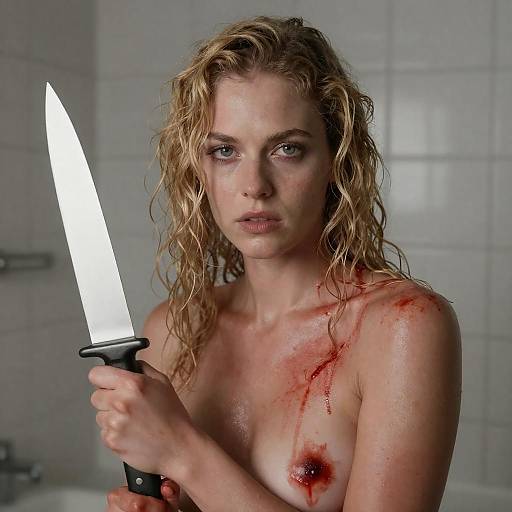 Intense Woman Holding Knife with Blood Stains