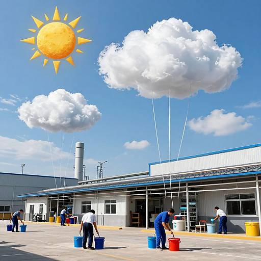 Digital illustration of a sunny day outside a modern industrial building. People in blue and white uniforms hold strings to large, cartoon-style sun and clouds, standing