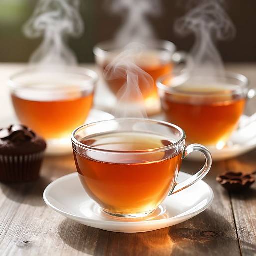 Photograph of three steaming glasses of amber tea on white saucers, with a dark brown cupcake and coffee beans on a wooden table.