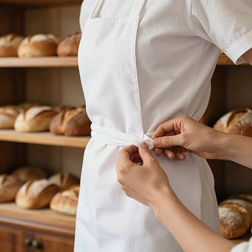 Photograph of hands sewing a white apron on a baker's torso, with shelves of assorted bread loaves in the background.