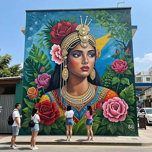 Vibrant street mural of a adorned woman with large pink roses, gold jewelry, and colorful traditional attire, viewed by three onlookers.