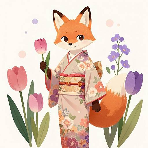 Digital illustration of an anthropomorphic fox in a floral kimono, holding pink tulips, surrounded by purple and pink flowers.