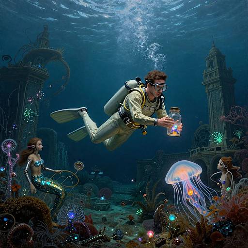 Underwater scene: Scuba diver holding flashlight, surrounded by mermaids, jellyfish, and vibrant marine life, with ancient ruins in the background.