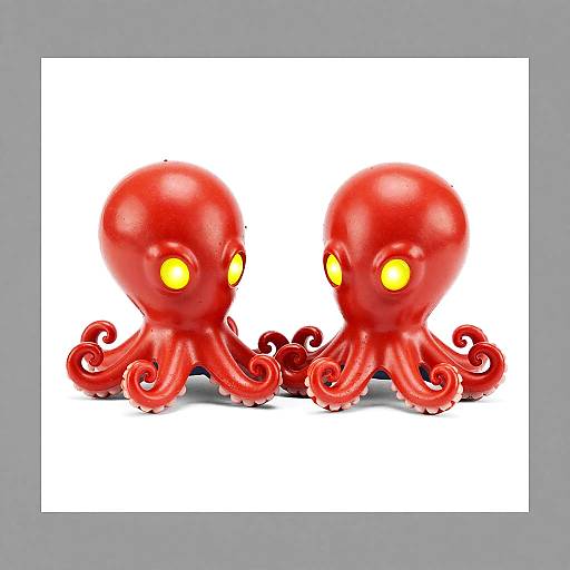 Photograph of two vibrant red, cartoon-style octopuses with large yellow eyes and curled tentacles, set against a white background.