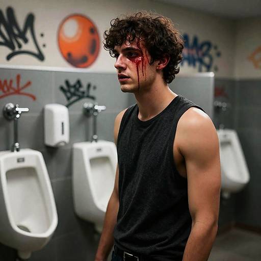 Distressed Young Man in Graffiti Restroom