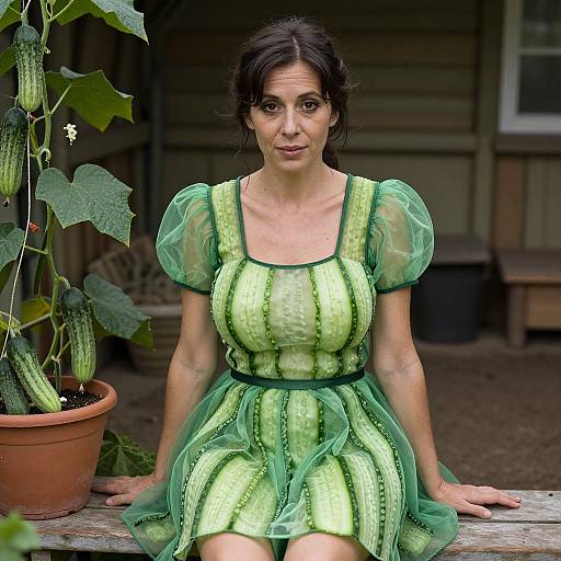 Photograph of a middle-aged woman with dark hair, wearing a green, sheer, striped dress, sitting on a wooden bench by potted cucum