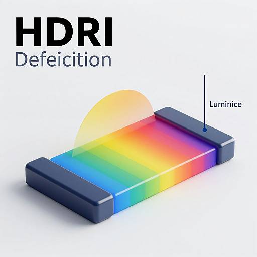 Digital illustration of an HDR (High Dynamic Range) definer with a rainbow gradient light passing through a blue-labeled luminescent panel. Text reads
