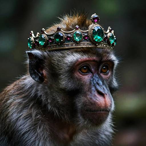 Photograph of a monkey with a detailed, jeweled crown on its head, featuring multicolored gems, against a blurred forest background.