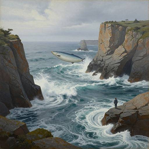Photorealistic painting of a lone figure on rocky cliffside, watching a whale leap in turbulent ocean between cliffs under cloudy sky.