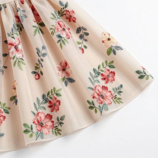 Photograph of a peach-colored, floral-embellished, A-line skirt with red, pink, and green flowers on a white background.
