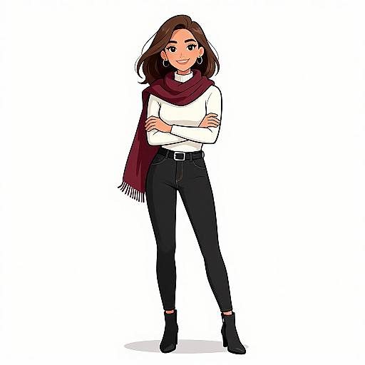 Digital drawing of a smiling woman with light brown skin and long brown hair, wearing a white sweater, maroon scarf, black pants, and black ankle