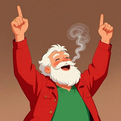 Cartoon-style image of a jubilant, white-bearded old man with raised arms, index fingers pointing up, smoking, wearing a red jacket