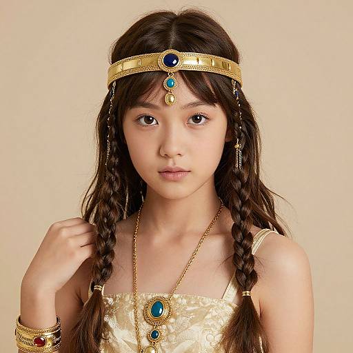 Photograph of an Asian girl with long braided hair, wearing a gold headband, necklace, and dress with blue gemstones, against a beige