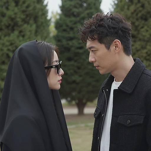 Intense Stare Between Man and Veiled Woman Outdoors