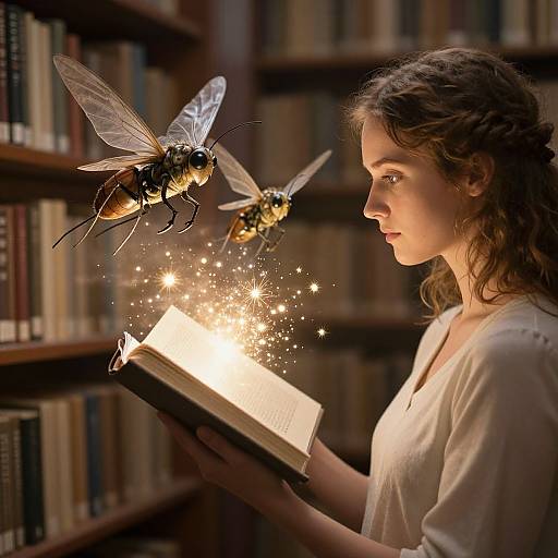 Photograph of a curly-haired woman in a white shirt, reading a glowing book, with two glowing wasps hovering nearby in a library.