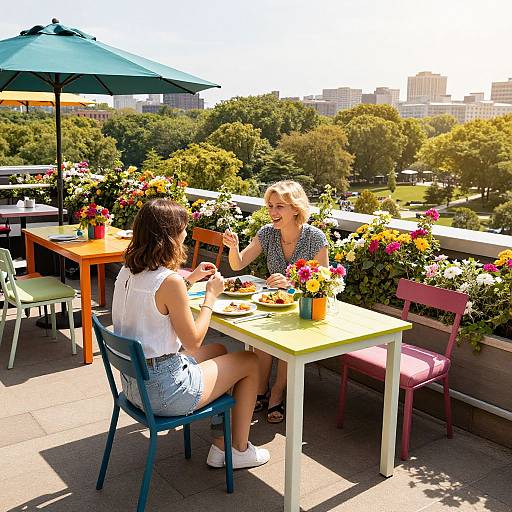 Photograph of two women sitting at a colorful rooftop patio table, enjoying lunch under a green umbrella, with a cityscape and lush greenery in the