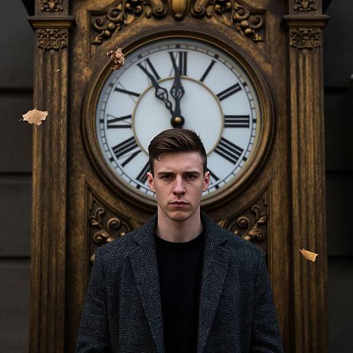 Photograph of a serious-looking young man with short brown hair, wearing a black sweater and dark blazer, standing in front of an ornate,