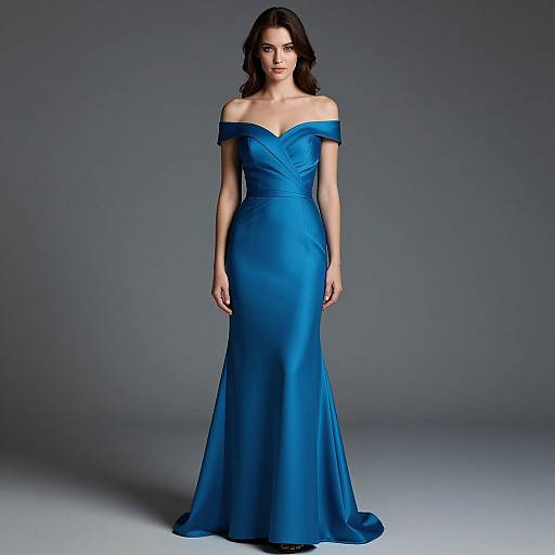 Photograph of a woman with dark hair in an off-shoulder, form-fitting, royal blue evening gown, standing against a plain gray background