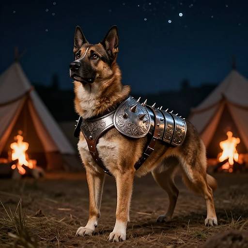 Photograph of a German Shepherd with silver, spiked armor, standing at night in front of lit campfires and tents under a starry sky.