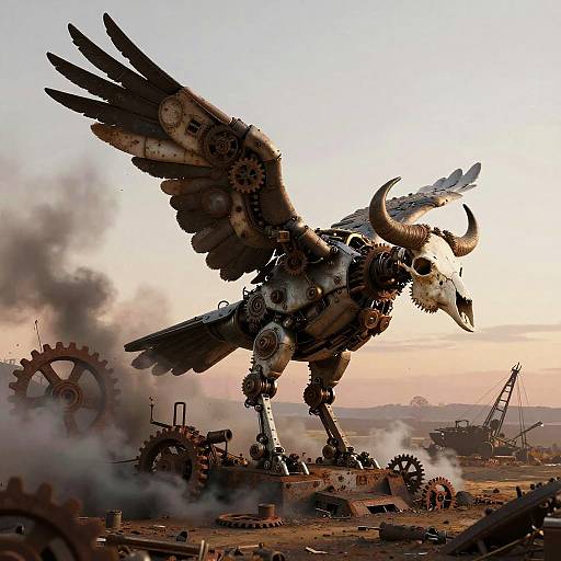 Steampunk Mechanical Bird with Bison Skull