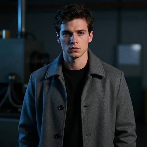 Photograph of a serious, fair-skinned man with dark hair, wearing a gray wool coat over a black shirt, against a dimly lit,