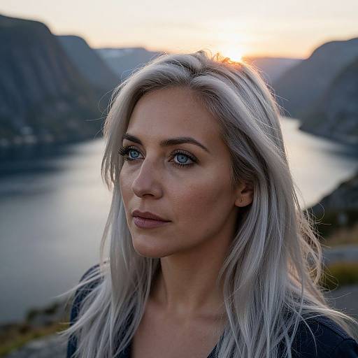 Photograph of a blonde woman with blue eyes, wearing a dark top, standing by a serene lake at sunset, surrounded by mountains.