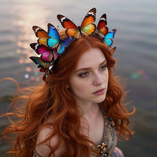 Photograph of a fair-skinned redhead woman with long wavy hair, wearing a crown of colorful butterflies, standing by a reflective water surface at sunset