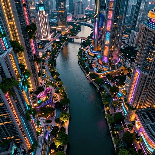 Aerial photograph of a vibrant, neon-lit cityscape featuring a winding river surrounded by towering skyscrapers with colorful digital billboards.
