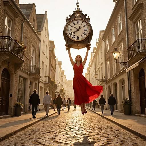 Photograph of a woman in a flowing red dress jumping, holding an ornate clock above a sunlit, cobblestone street with historic buildings.