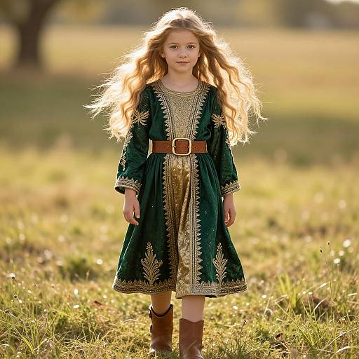 Photograph of a young girl with long, wavy blonde hair, wearing a green velvet dress with gold embroidery, brown belt, and brown boots,