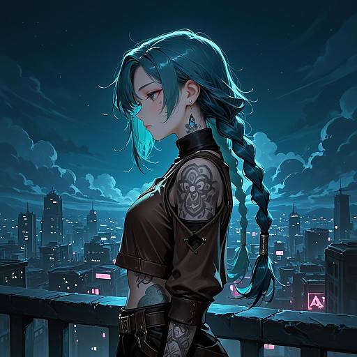 Side Profile of Blue-Haired Woman with Tattoos at Night Cityscape