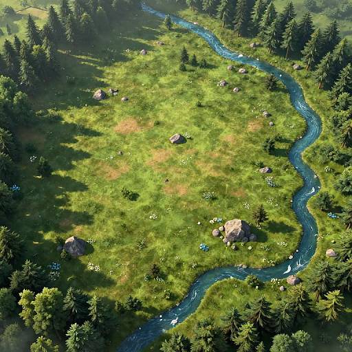 Aerial photograph of a lush green meadow with a winding blue river, surrounded by dense evergreen trees, and scattered rocks.
