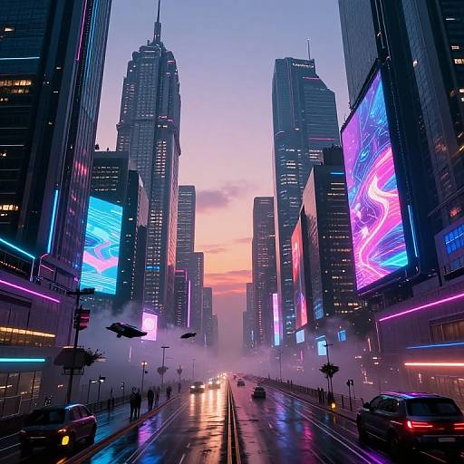 Digital artwork of a neon-lit, futuristic city street at sunset, featuring towering skyscrapers with vibrant, colorful LED signs, misty fog,