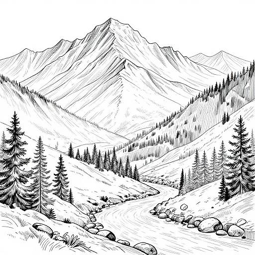 Black-and-white line drawing of a mountainous landscape with tall pine trees, rocky path, and jagged peaks in the background.