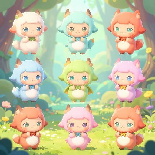 Chibi Fantasy Creatures in Enchanted Forest