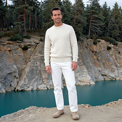 Man in Cream Sweater by Turquoise Lake
