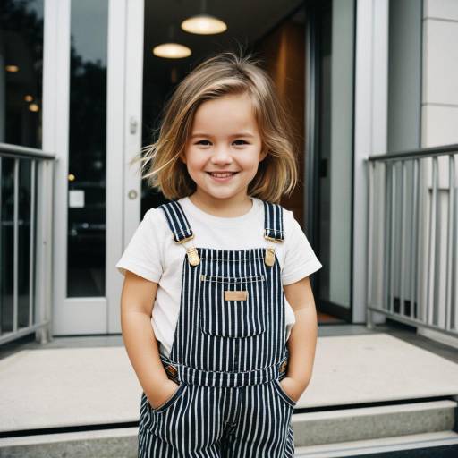 Smiling toddler girl in striped overalls